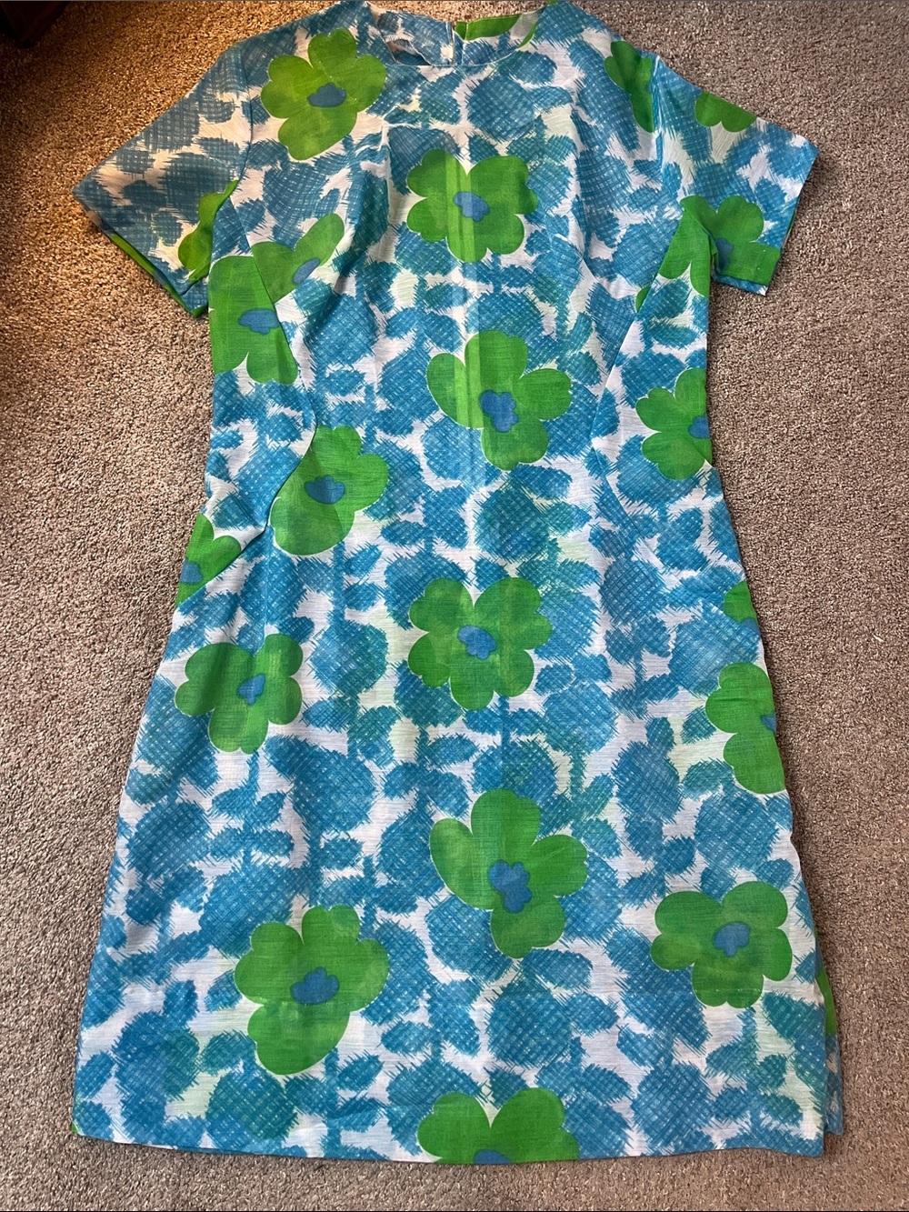 🍀🩵🍀🩵Incredible True Vintage Handmade Hyper Mod Blue Green Floral Shift szL?